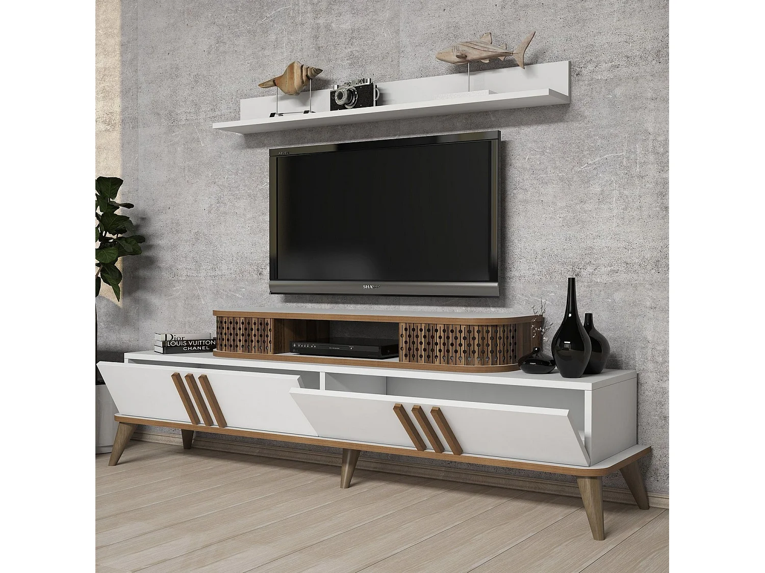 Moderner TV-Ständer – 168 cm – weiß – 100 % melaminbeschichtet