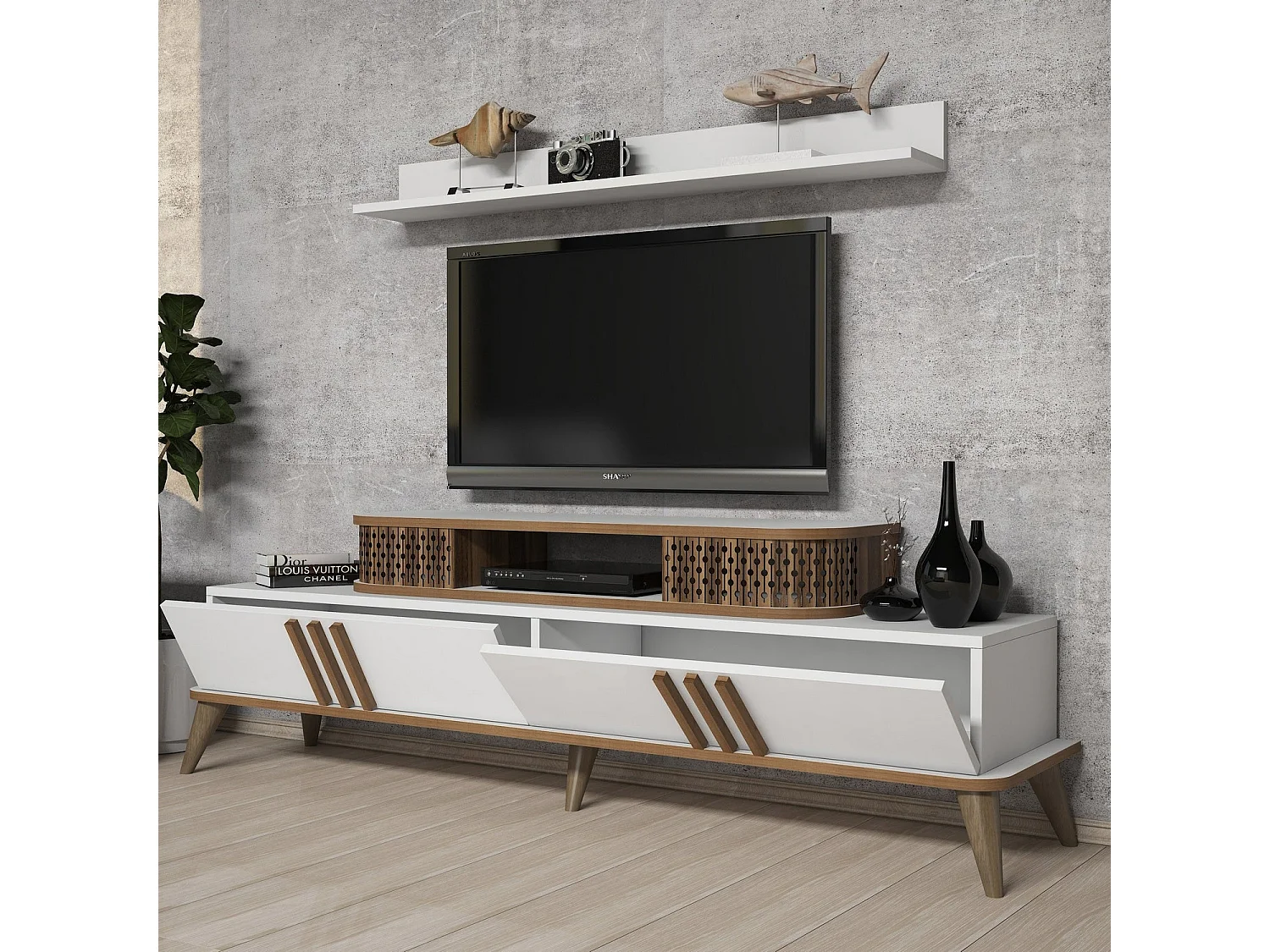 Moderner TV-Ständer – 168 cm – weiß – 100 % melaminbeschichtet