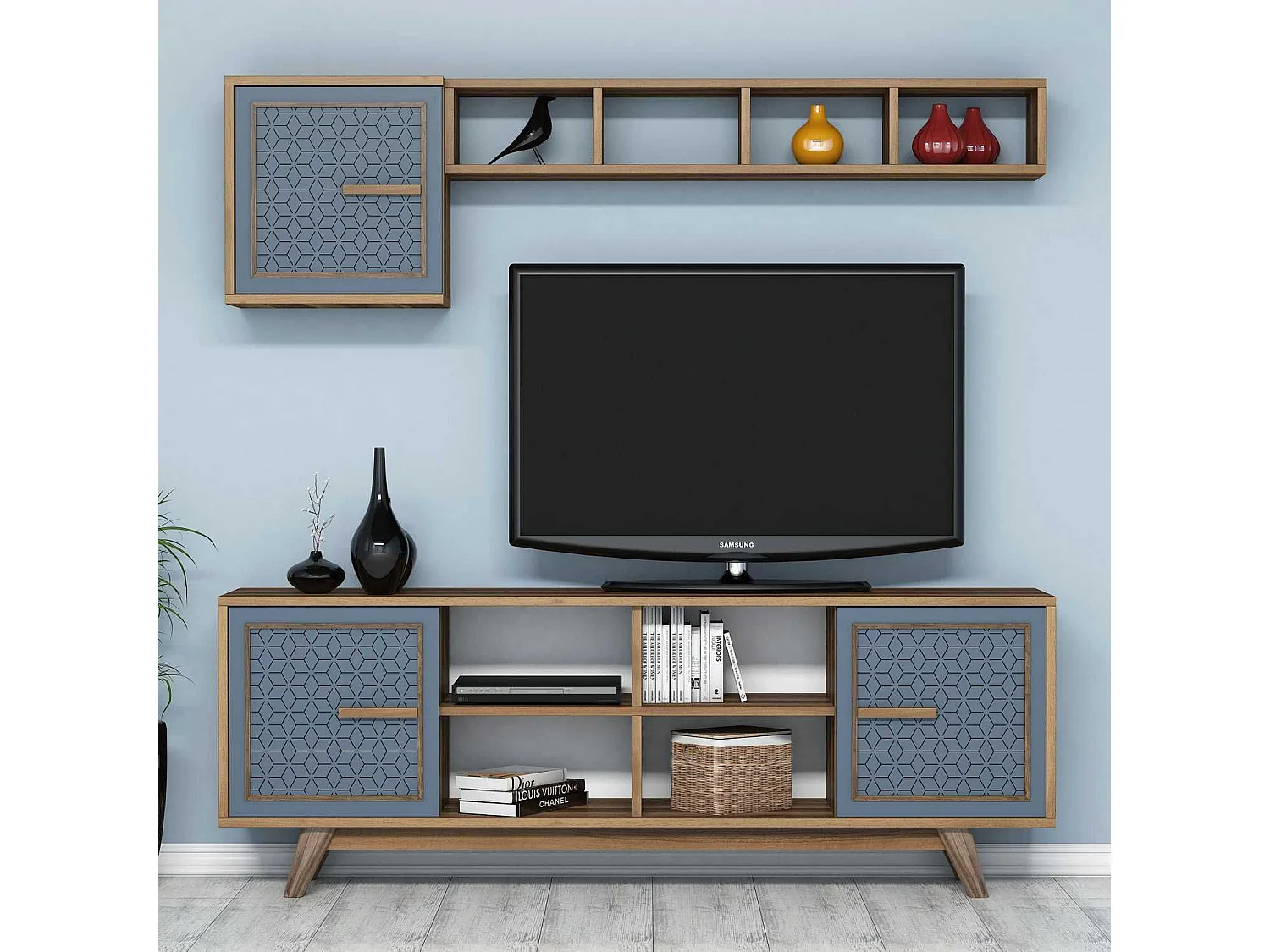 Conjunto de salón Kailua 1590, Nogal|Azul, Partes separadas|Con mesa de TV, 160x35cm