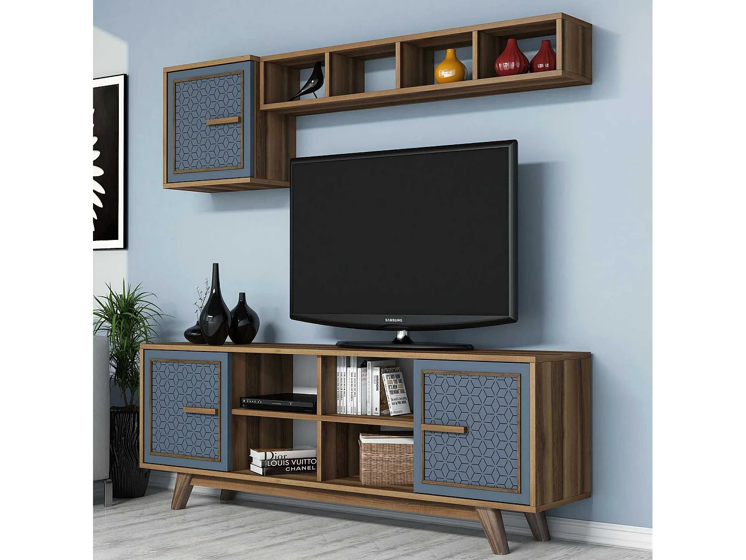 Conjunto de salón Kailua 1590, Nogal|Azul, Partes separadas|Con mesa de TV, 160x35cm