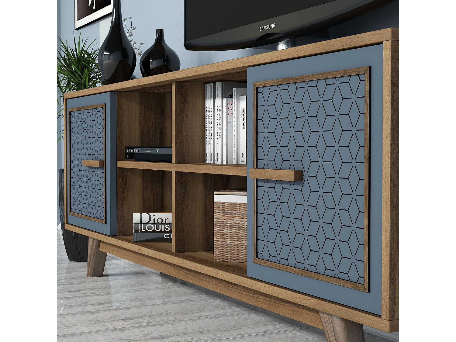 Conjunto de salón Kailua 1590, Nogal|Azul, Partes separadas|Con mesa de TV, 160x35cm