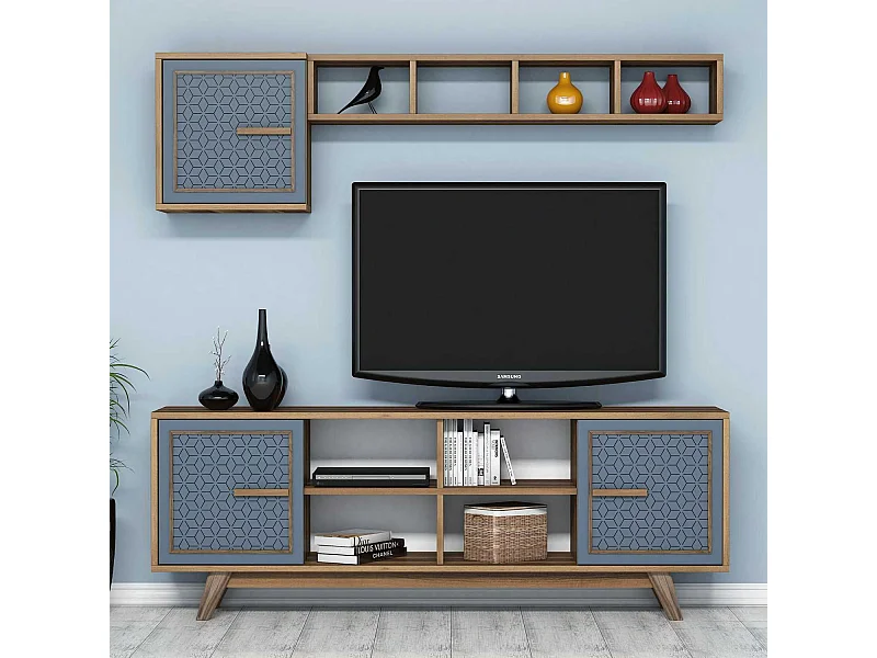 Mobile TV moderno – 160 cm – Noce e Blu – Pannello di particelle rivestito in melaminico
