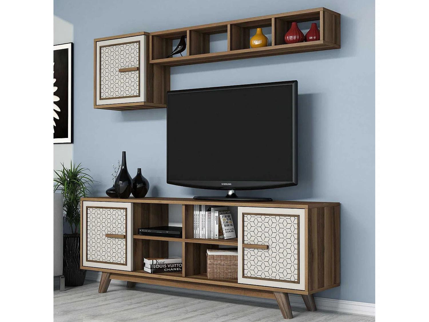 Mueble de TV moderno – 160 x 56,2 x 35 cm – nogal y crema – 100% recubierto de melamina