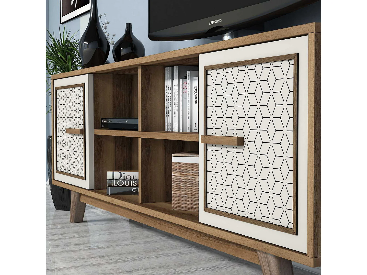 Mueble de TV moderno – 160 x 56,2 x 35 cm – nogal y crema – 100% recubierto de melamina