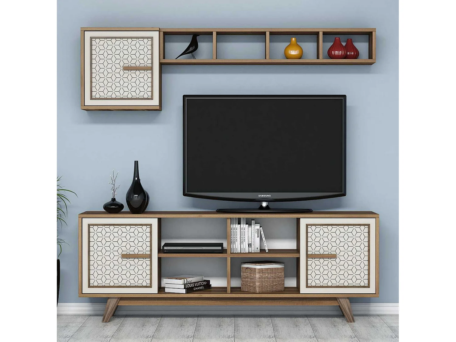 Mueble de TV moderno – 160 x 56,2 x 35 cm – nogal y crema – 100% recubierto de melamina