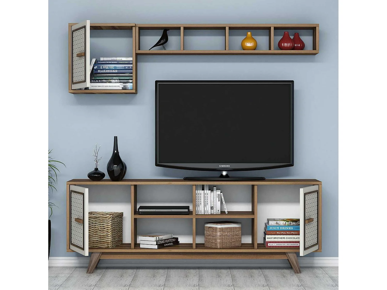 Mueble de TV moderno – 160 x 56,2 x 35 cm – nogal y crema – 100% recubierto de melamina