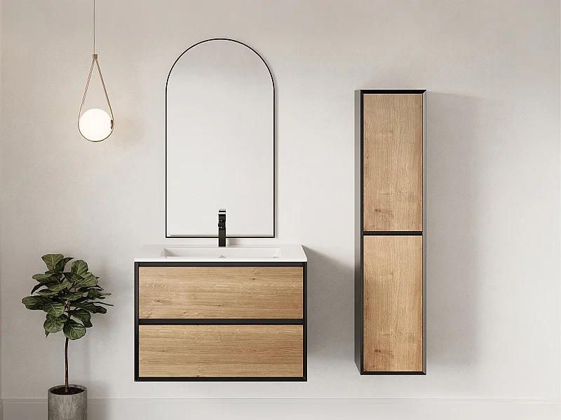 Waschbeckenunterschrank hängend mit Einbauwaschbecken & Badhochschrank - Holzfarben hell & Schwarz - 80 cm - LANNICK