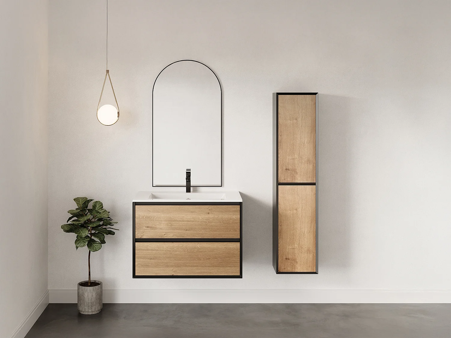 Waschbeckenunterschrank hängend mit Einbauwaschbecken & Badhochschrank - Holzfarben hell & Schwarz - 80 cm - LANNICK