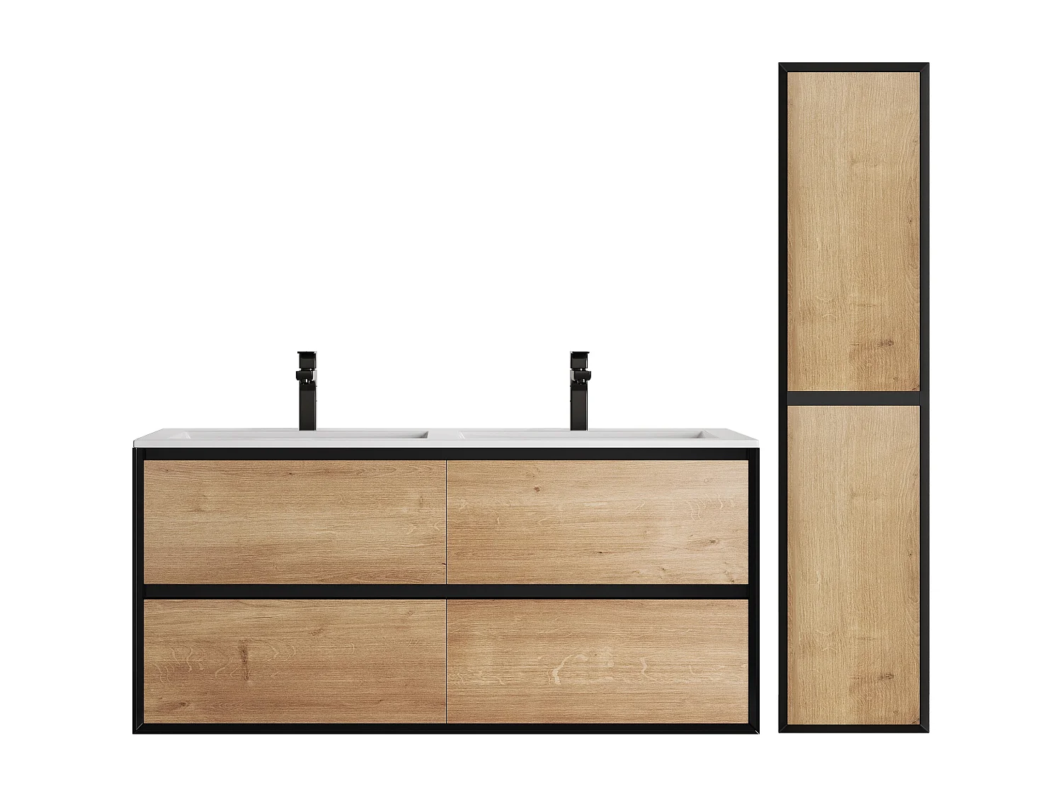 Meuble de salle de bain suspendu avec vasque à encastrer et colonne - Coloris naturel clair et noir - 120 cm - LANNICK