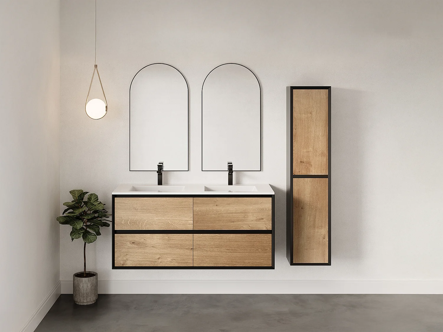 Meuble de salle de bain suspendu avec vasque à encastrer et colonne - Coloris naturel clair et noir - 120 cm - LANNICK