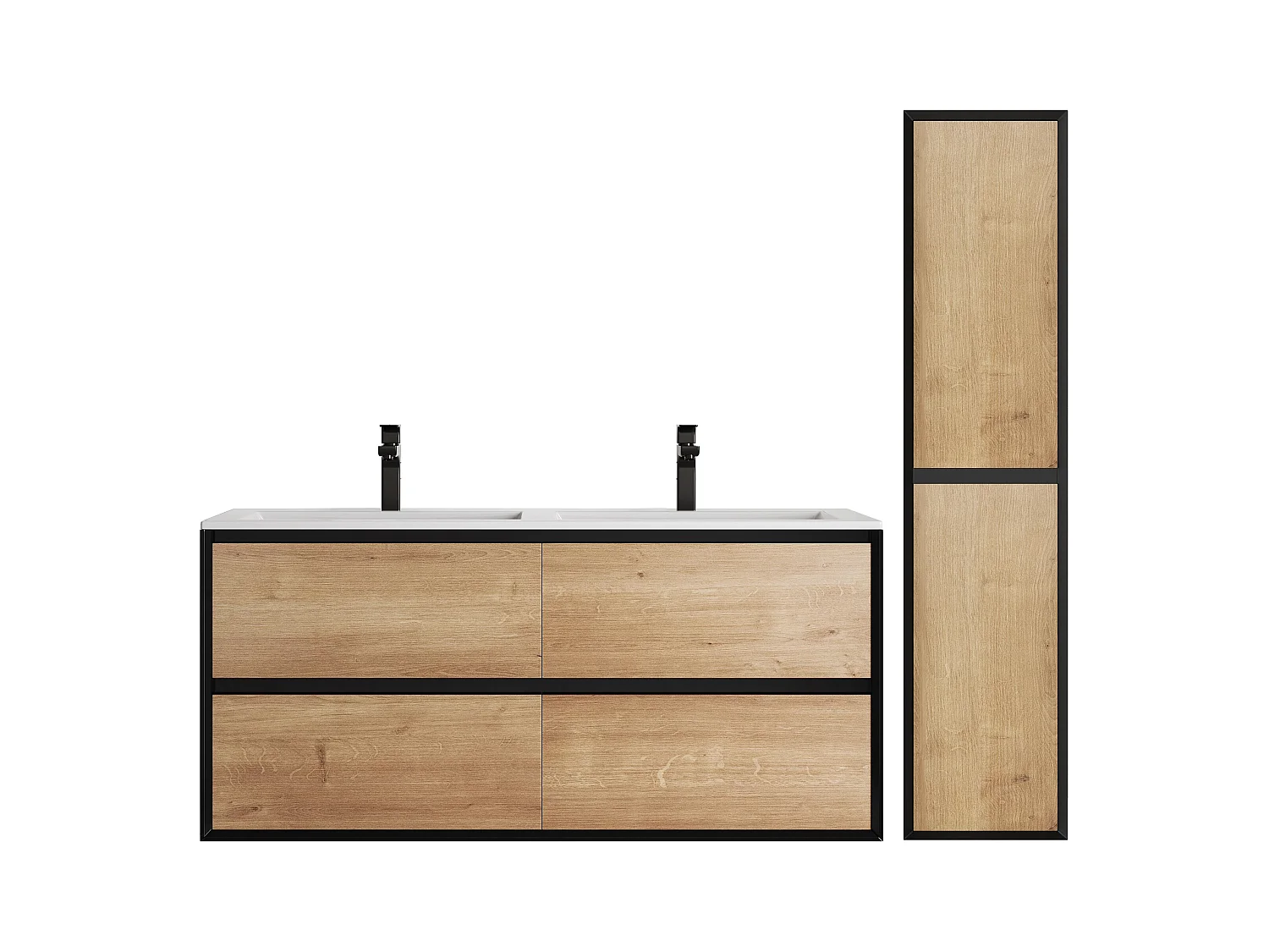 Mueble de baño flotante con lavabo empotrado y armario de baño - Color natural claro y negro - 120 cm - LANNICK