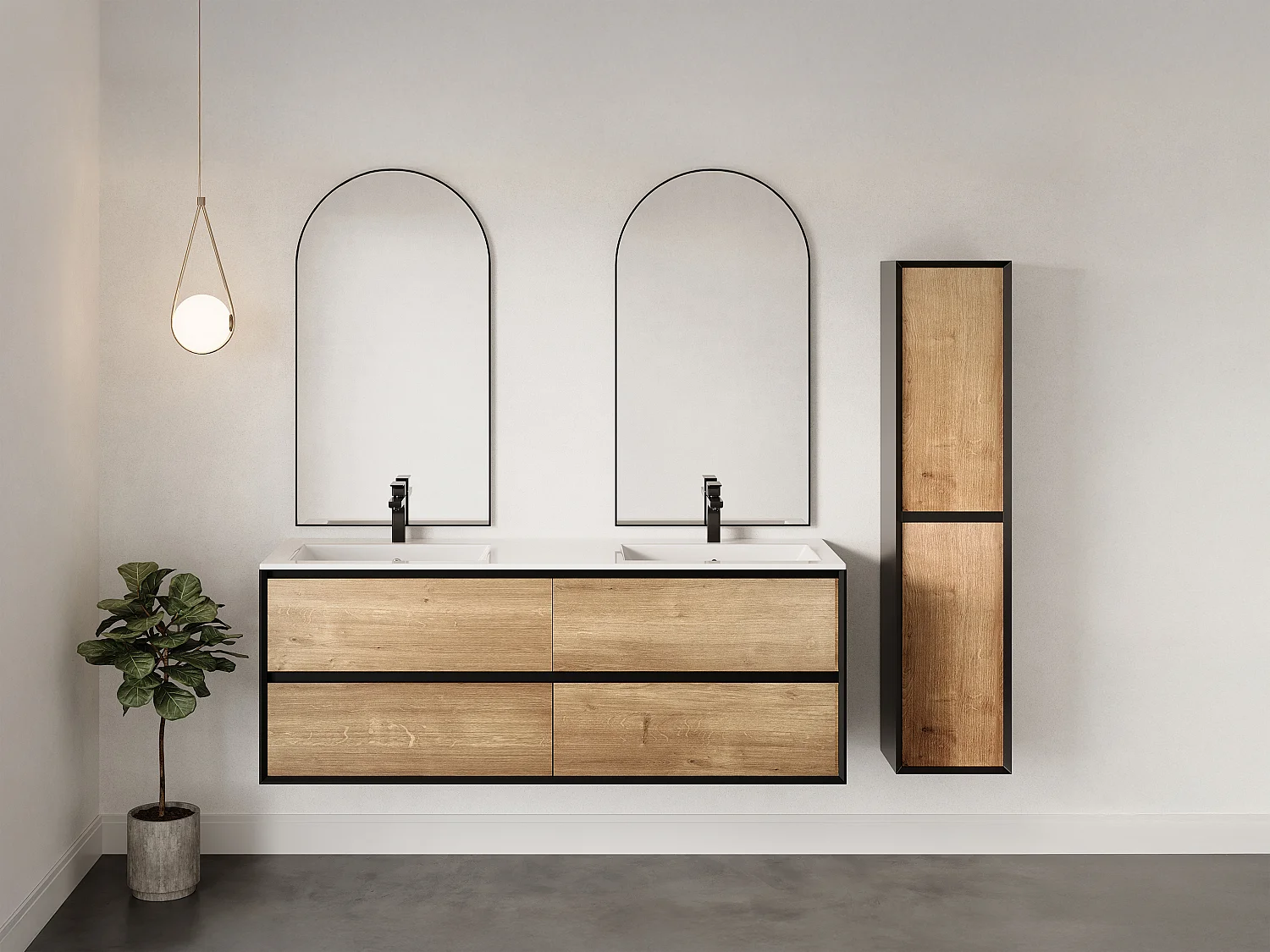 Meuble de salle de bain suspendu avec vasque à encastrer et colonne - Coloris naturel clair et noir - 150 cm - LANNICK