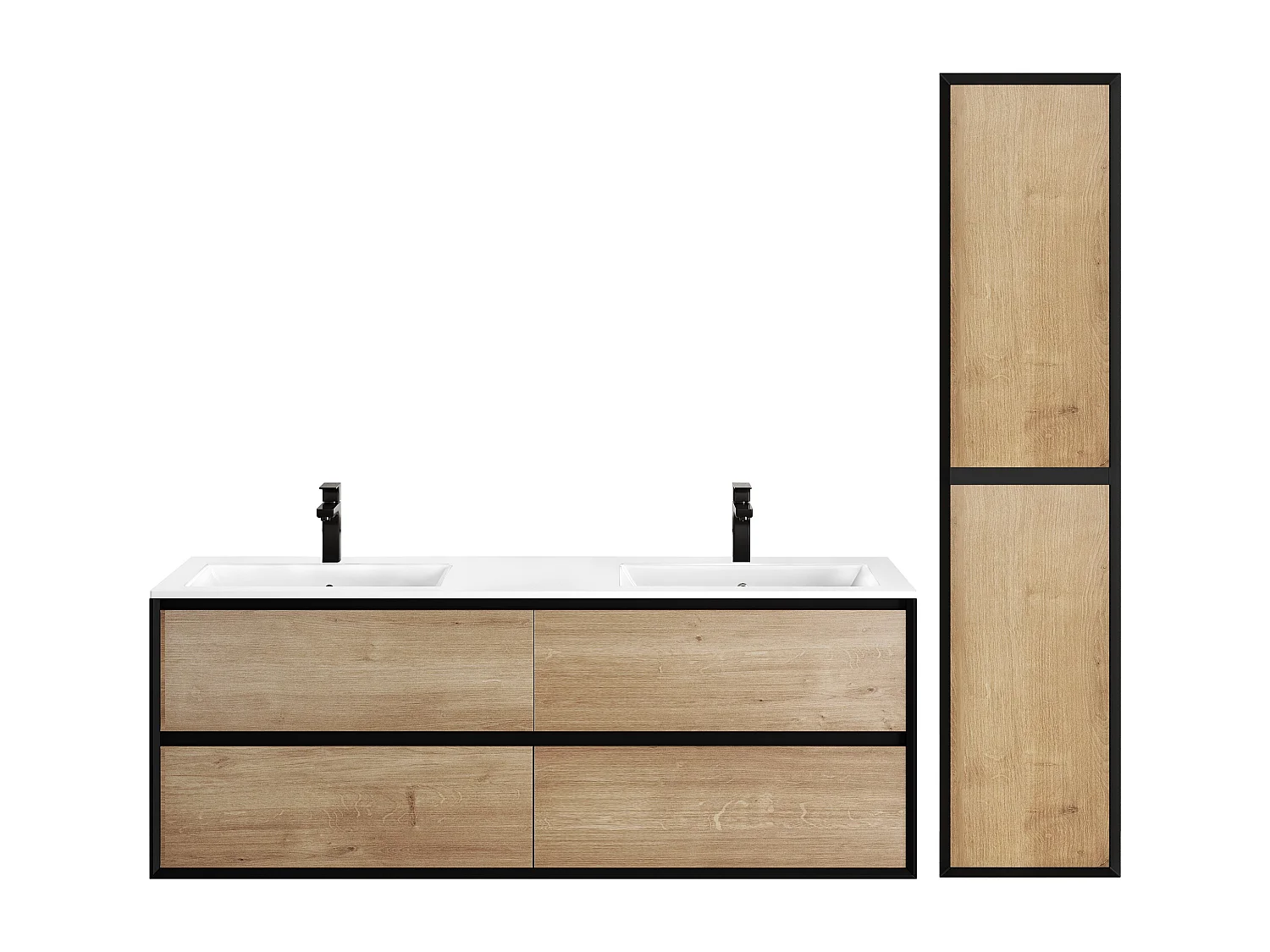 Meuble de salle de bain suspendu avec vasque à encastrer et colonne - Coloris naturel clair et noir - 150 cm - LANNICK