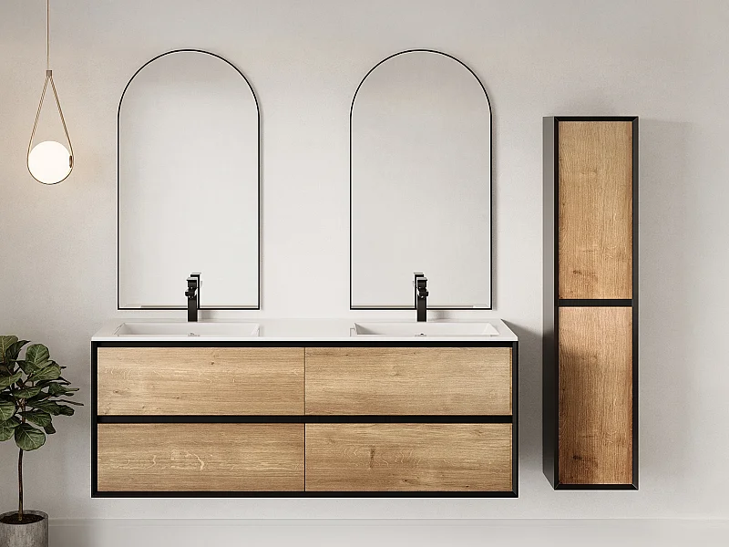 Hangmeubel voor badkamer met inbouwwastafel en kolom - Licht naturel en zwart - 150 cm - LANNICK