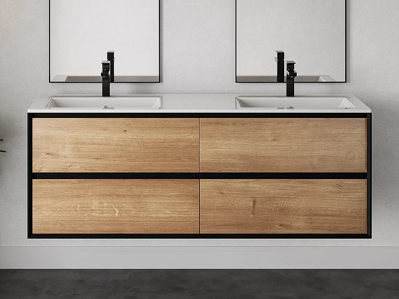 Meuble de salle de bain suspendu avec vasque à encastrer - Coloris naturel clair et noir - 150 cm - LANNICK