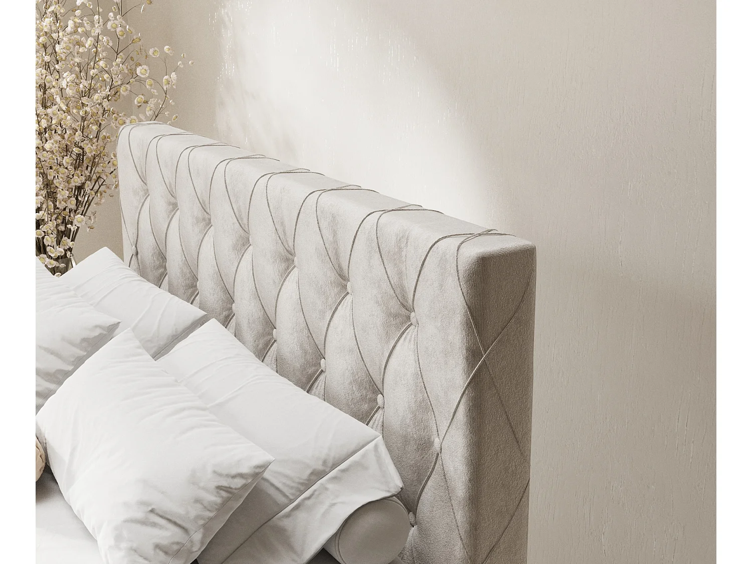 Łóżko boxspring w tkaninie welwetowej Otus - materac - topper - 140x200 cm - jasnobeżowy