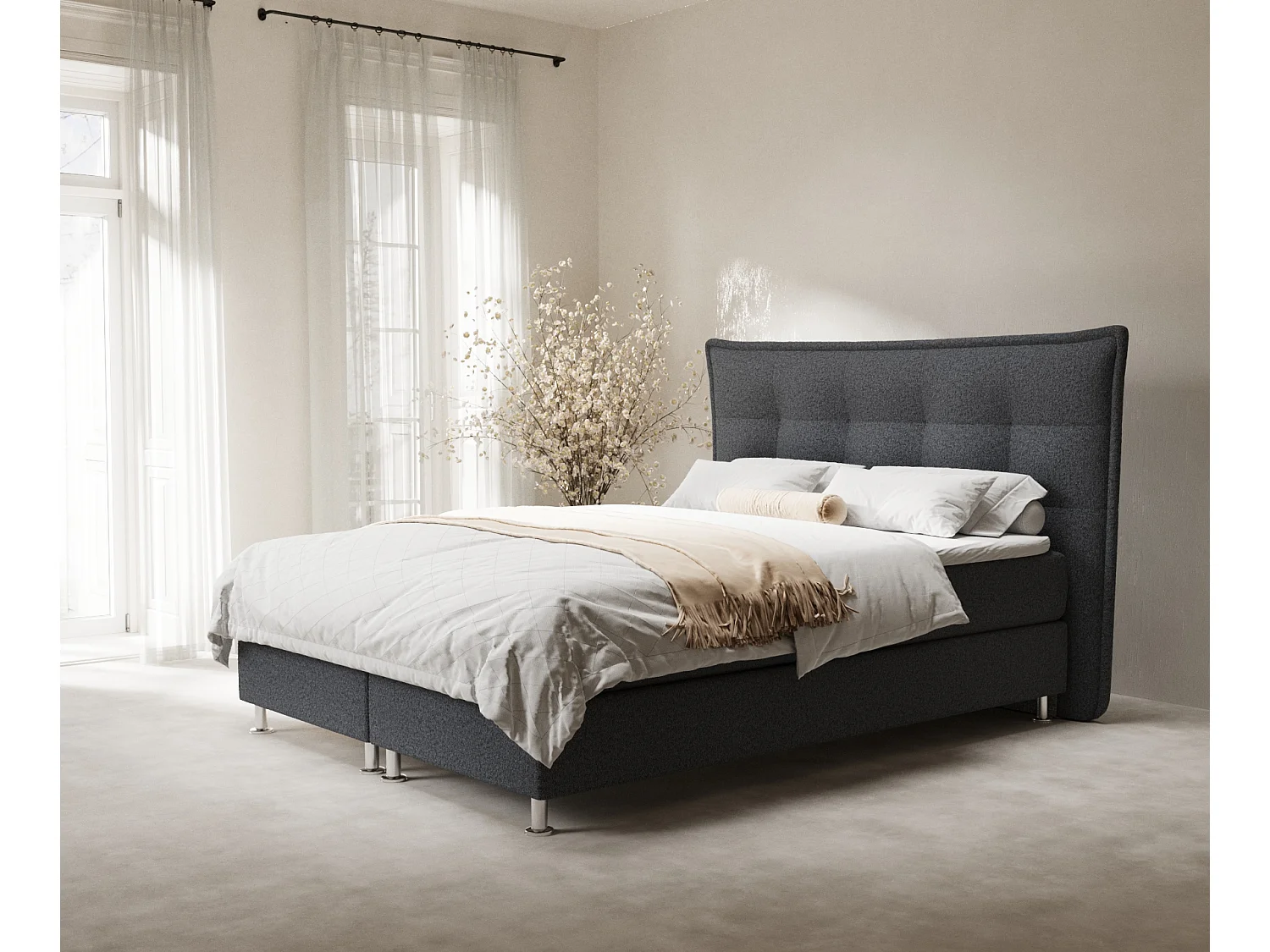 Boxspringbett aus Webstoff Minori - Matratze - Toppermatratze - 160x200 cm - schwarz