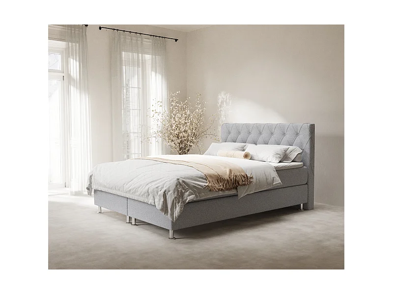 Łóżko boxspring w tkaninie plecionej Otus - materac - topper - 180x200 cm - jasnoszary
