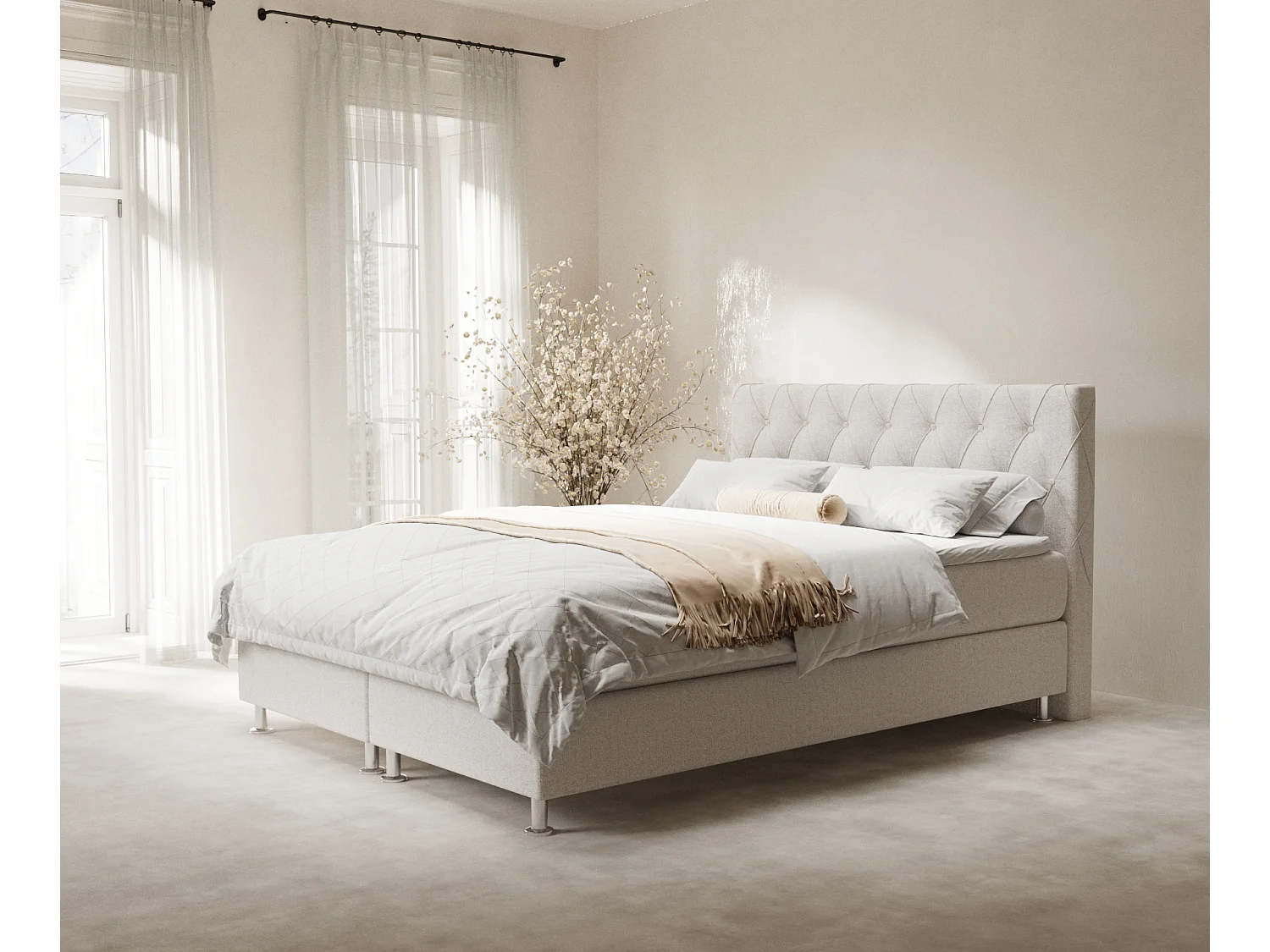 Boxspringbett aus Webstoff Otus - Matratze - Toppermatratze - 160x200 cm - beige