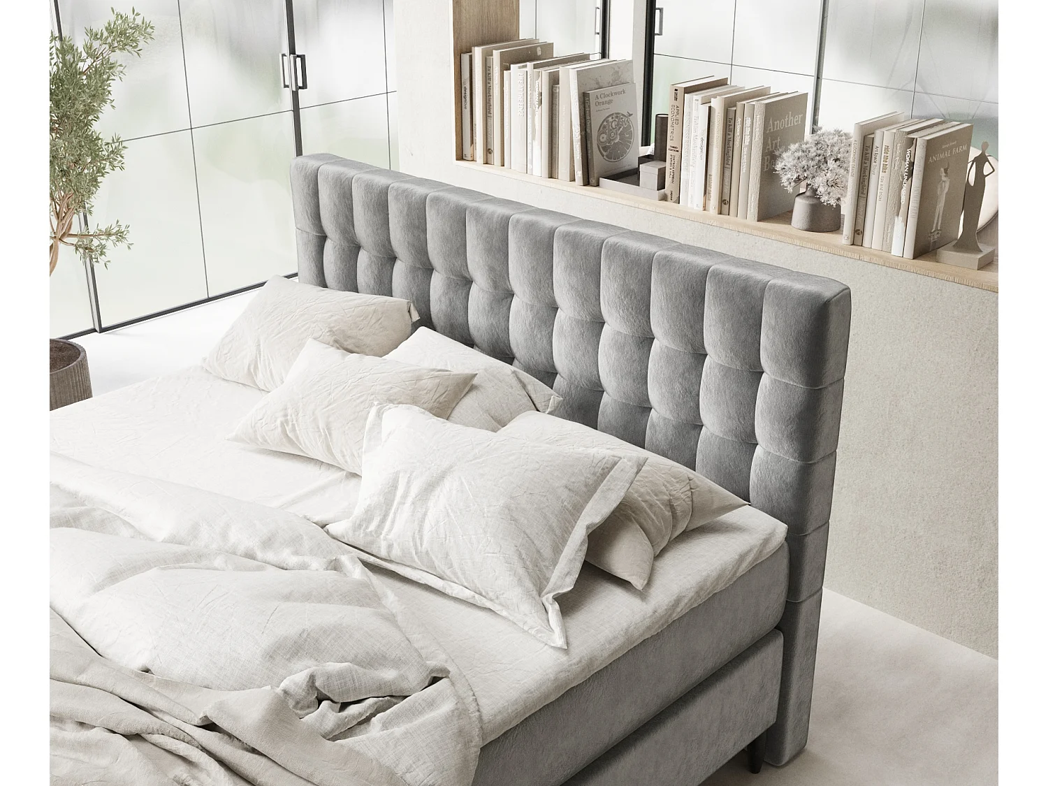 Boxspringbett aus Samtstoff Sorrento - Matratze - Toppermatratze - 180x200 cm - grau