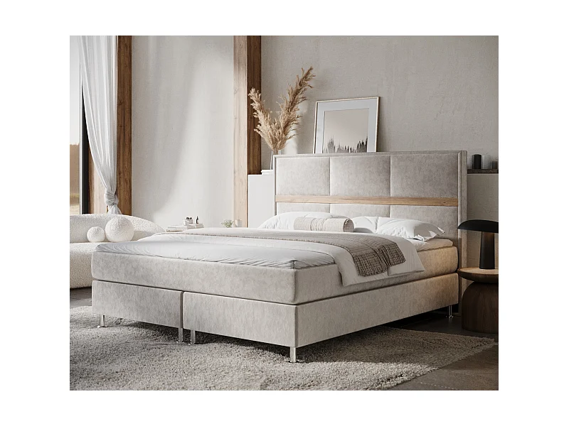 Lit boxspring en tissu velours Soto - matelas - surmatelas - 140x200 cm - beige clair