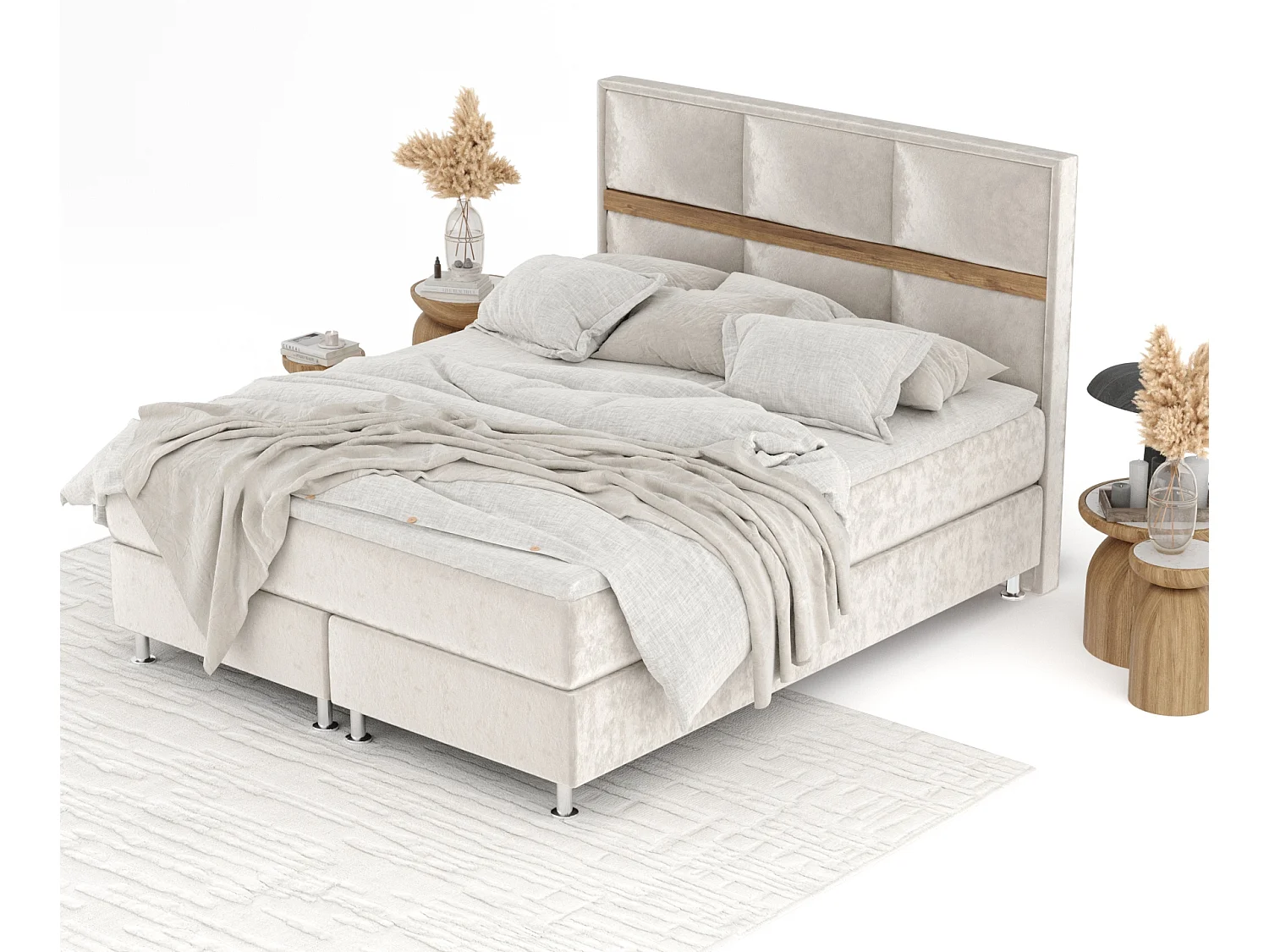 Lit boxspring en tissu velours Soto - matelas - surmatelas - 140x200 cm - beige clair