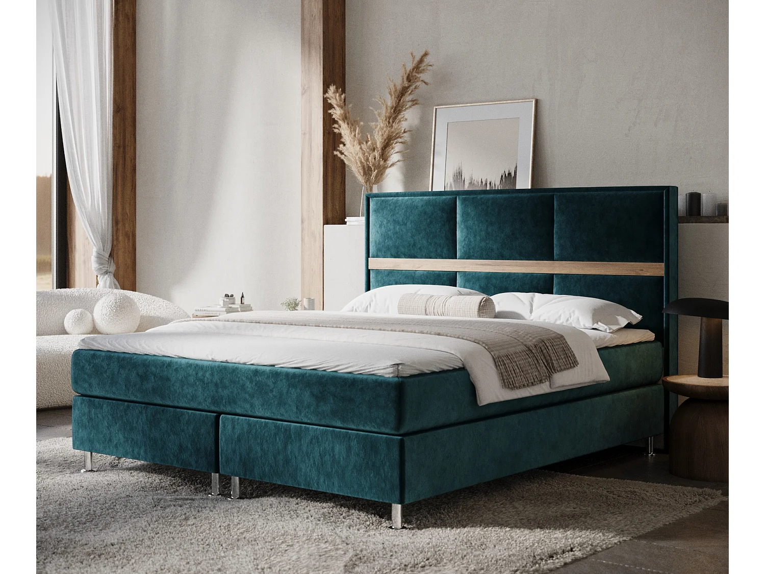 Lit boxspring en tissu velours Soto - matelas - surmatelas - 140x200 cm - turquoise