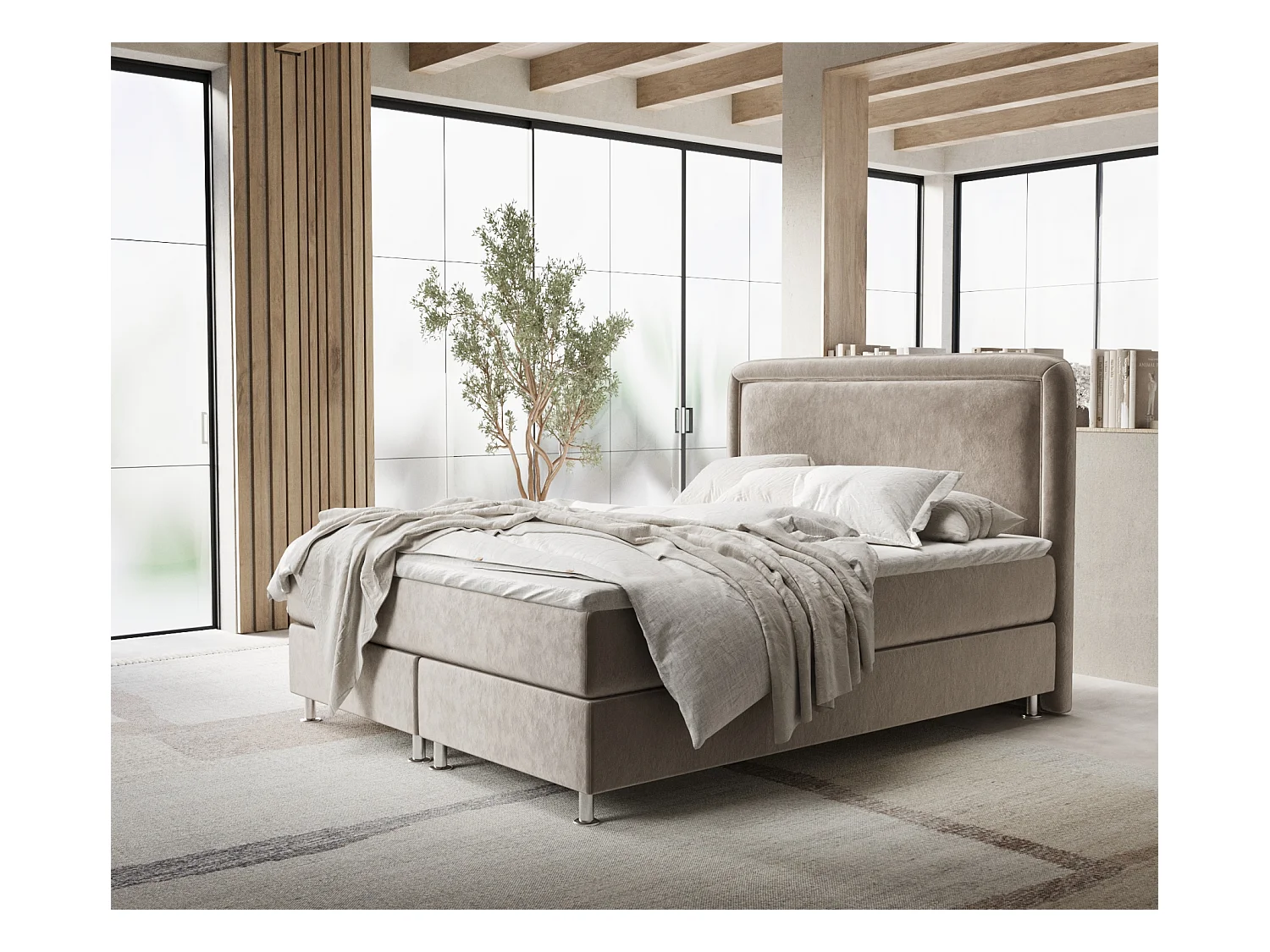 Lit boxspring en tissu velours Salvi - matelas - surmatelas - 160x200 cm - taupe
