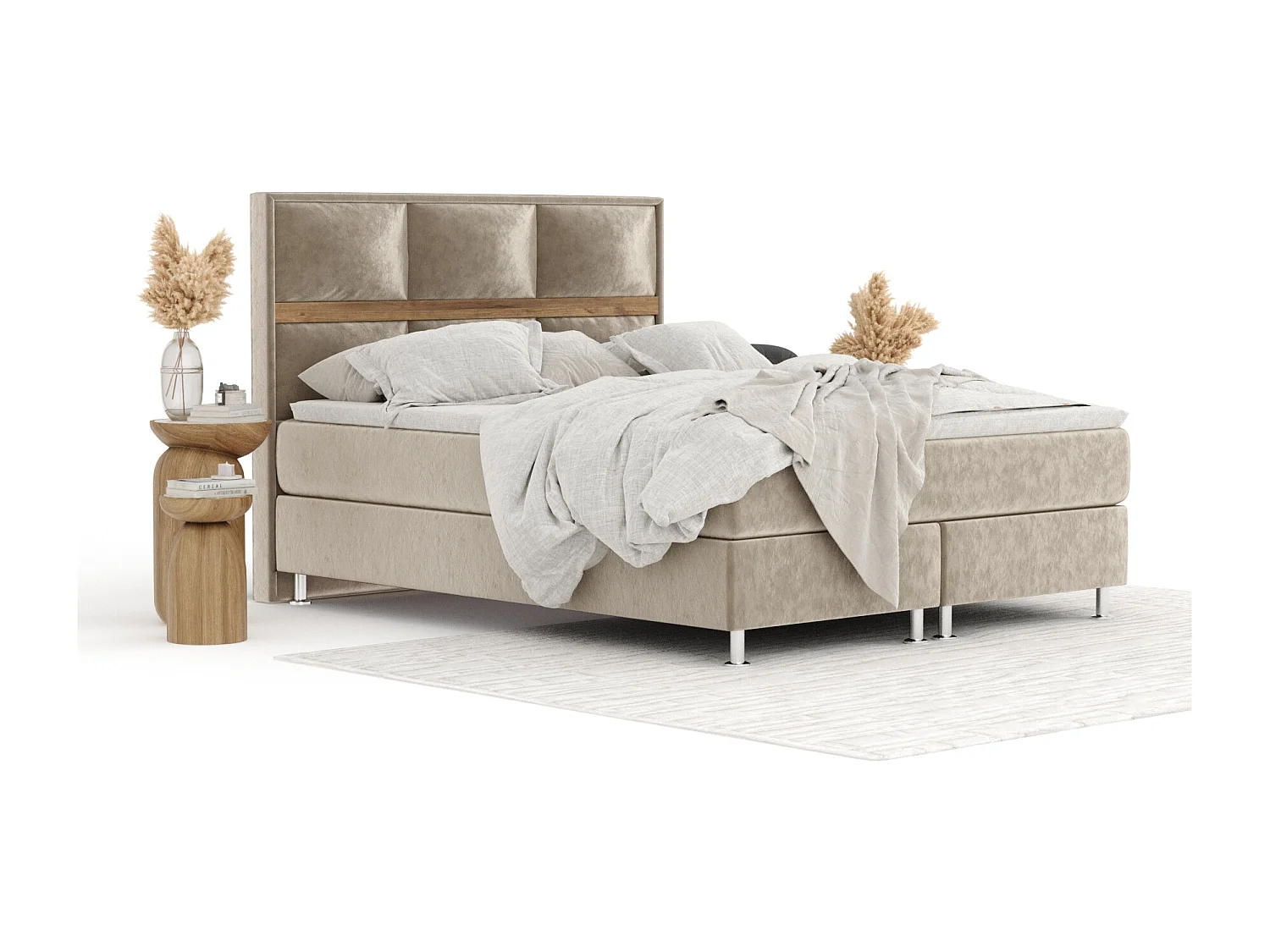 Boxspringbett aus Samtstoff Soto - Matratze - Toppermatratze - 140x200 cm - beige