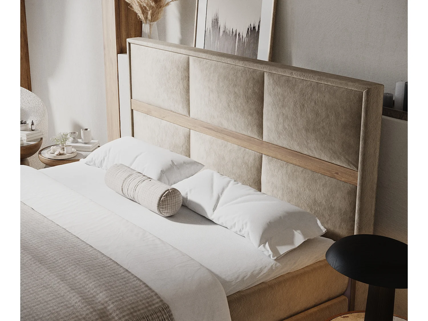 Boxspringbett aus Samtstoff Soto - Matratze - Toppermatratze - 140x200 cm - beige