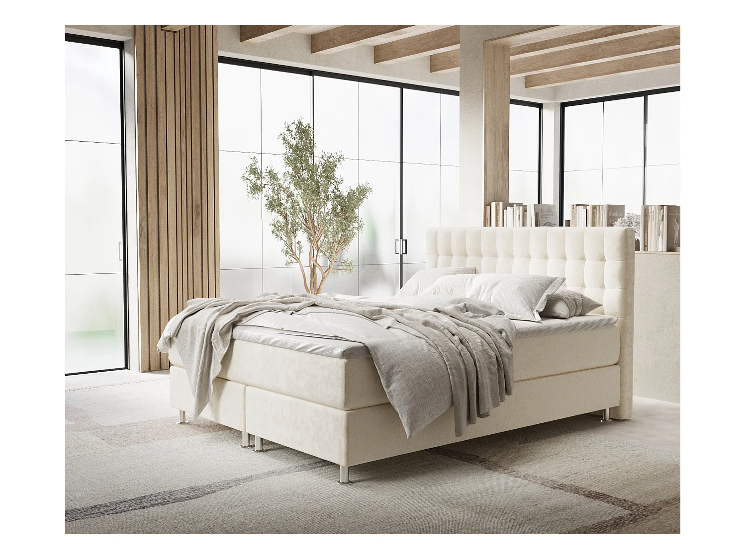 Lit boxspring en tissu velours Sorrento - matelas - surmatelas - 200x200 cm - creme