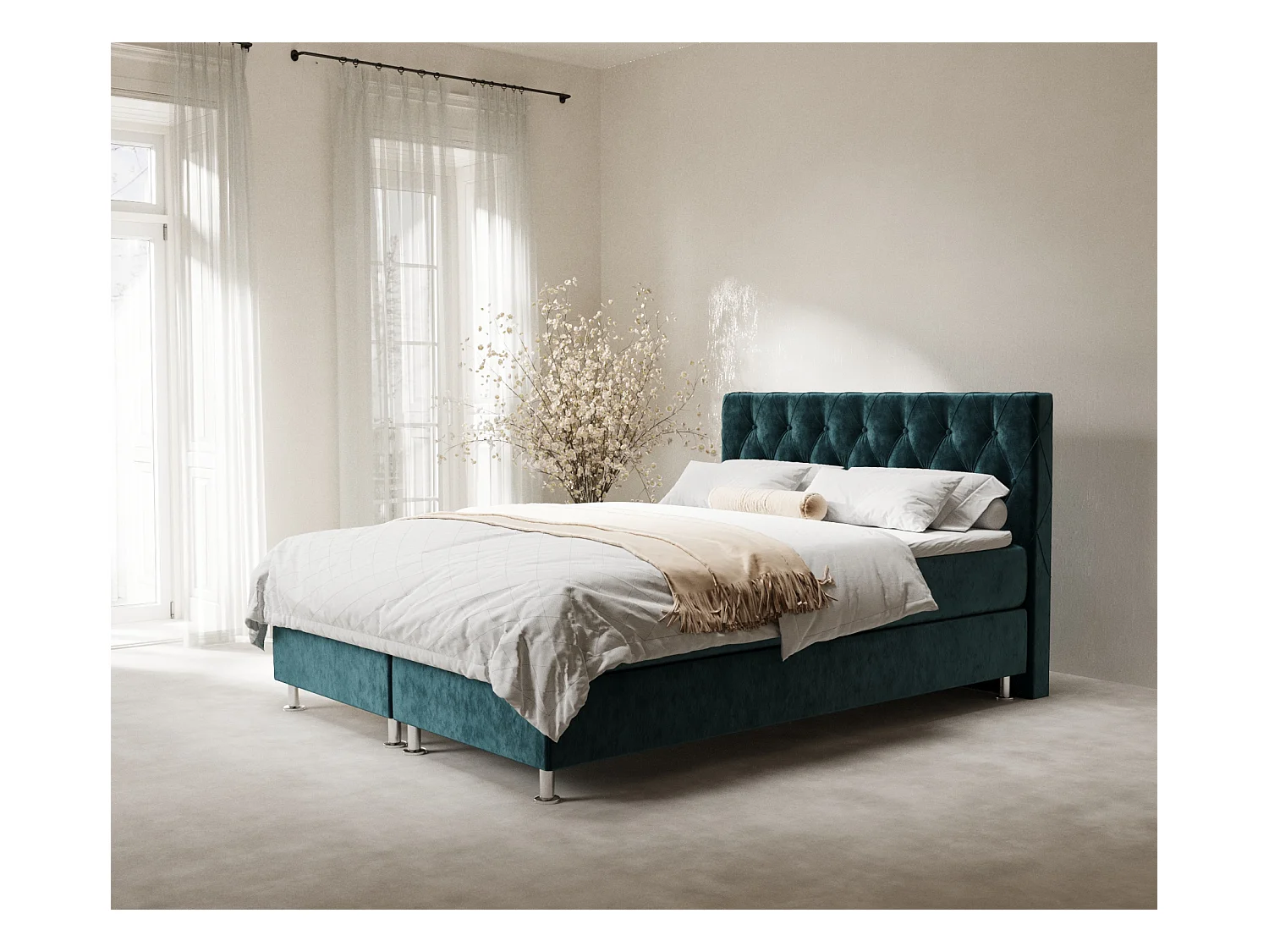 Lit boxspring en tissu velours Otus - matelas - surmatelas - 160x200 cm - turquoise