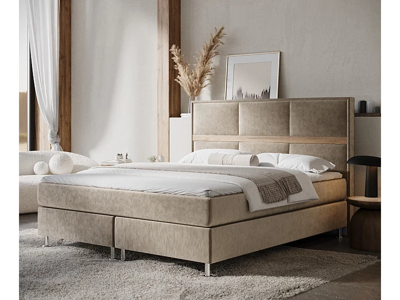 Boxspringbett aus Samtstoff Soto - Matratze - Toppermatratze - 160x200 cm - beige
