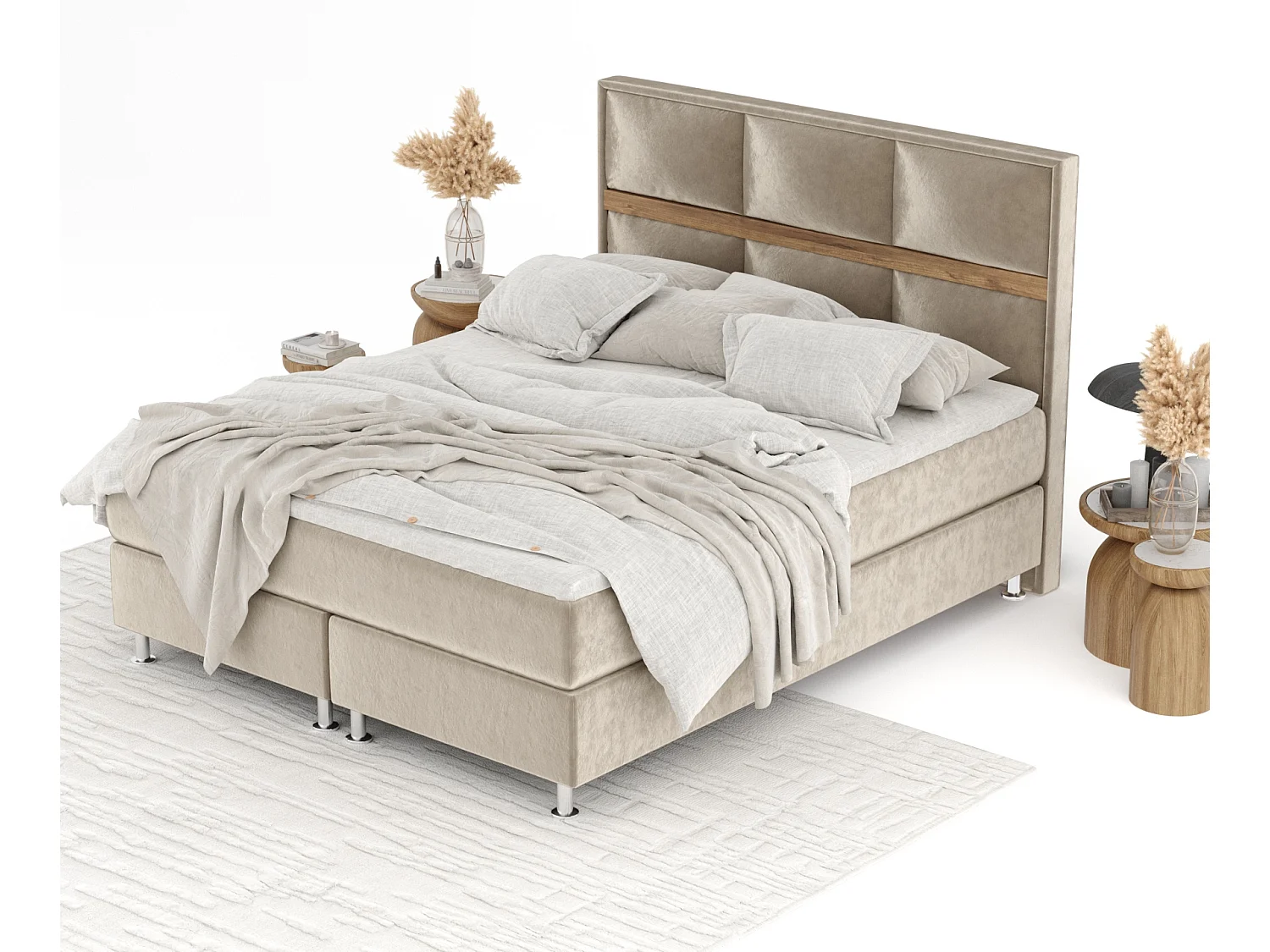 Łóżko boxspring w tkaninie welwetowej Soto - materac - topper - 160x200 cm - beżowy