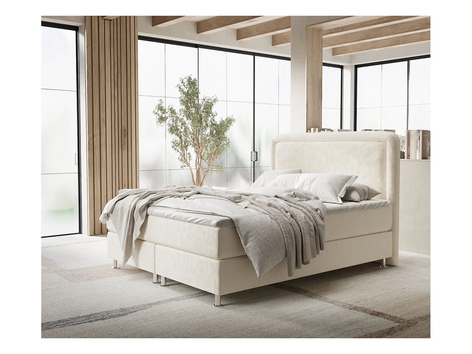 Lit boxspring en tissu velours Salvi - matelas - surmatelas - 160x200 cm - creme