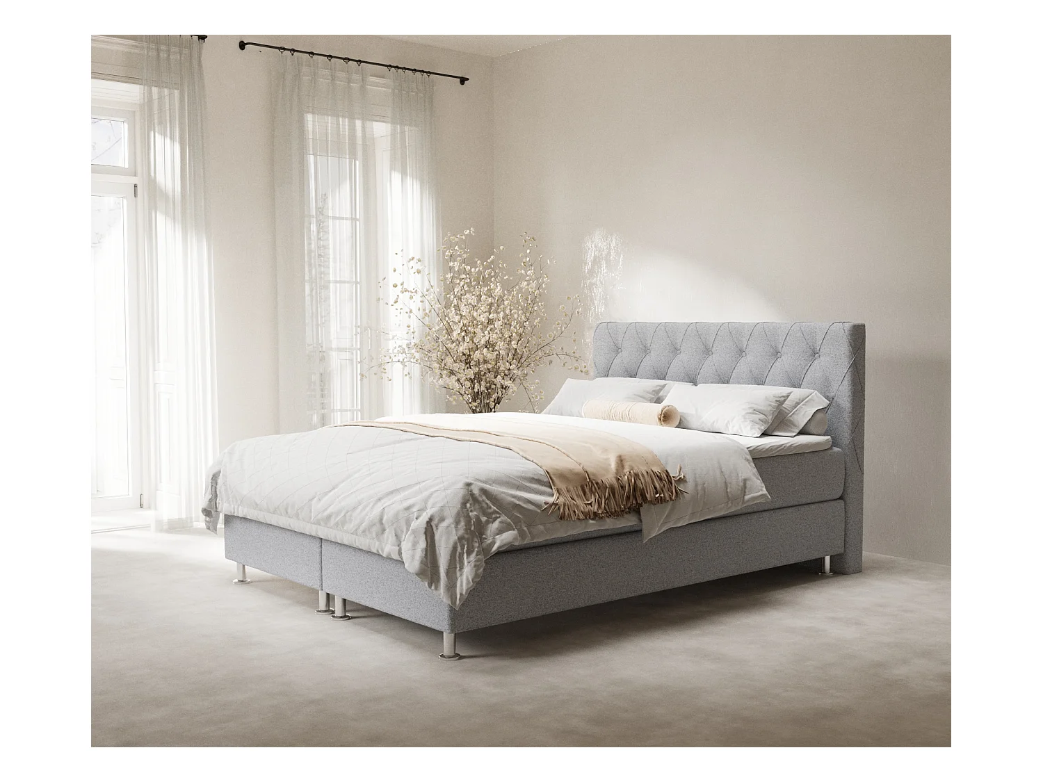 Lit boxspring en toile tissée Otus - matelas - surmatelas - 160x200 cm - gris clair