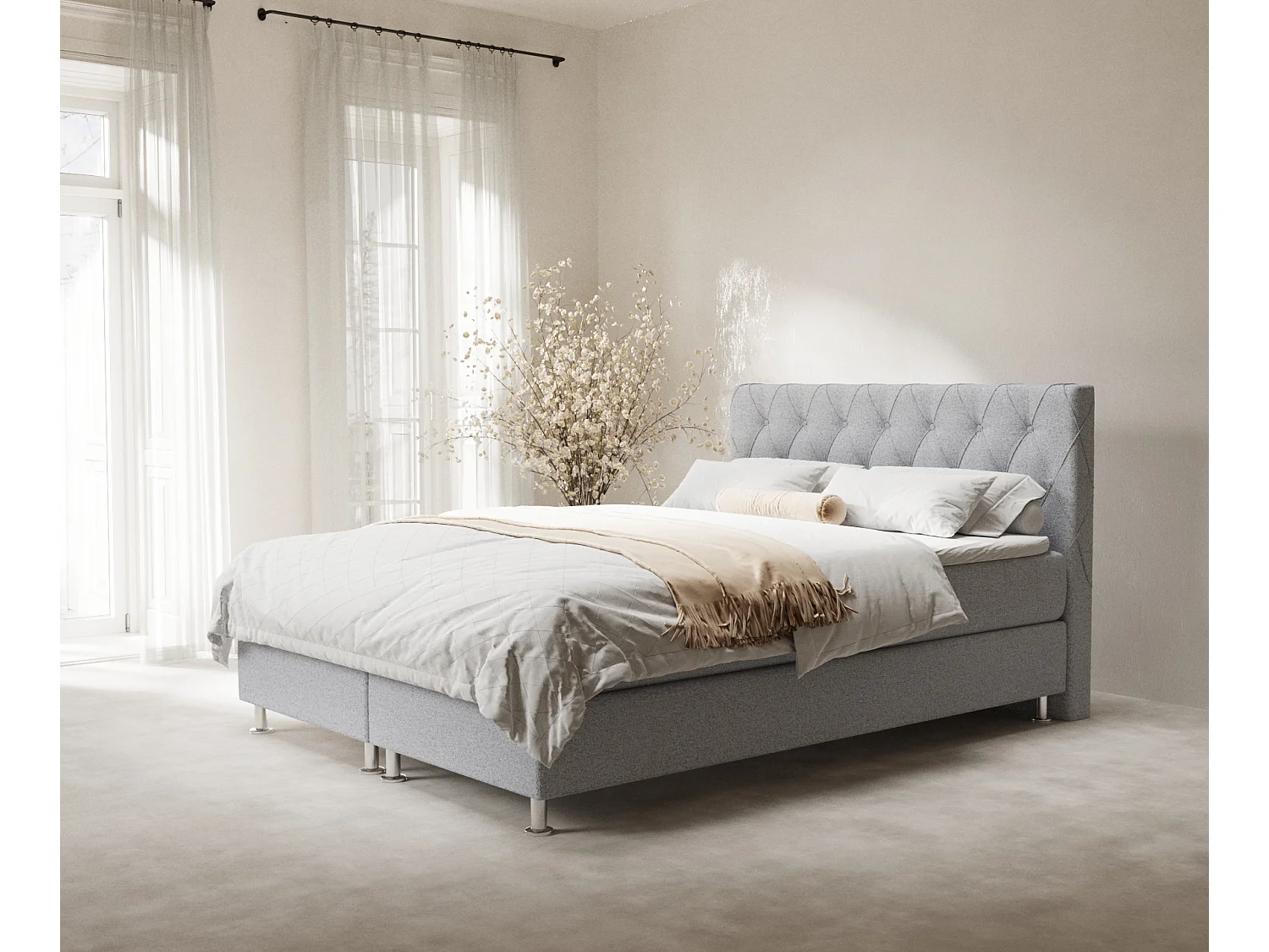 Lit boxspring en toile tissée Otus - matelas - surmatelas - 160x200 cm - gris clair