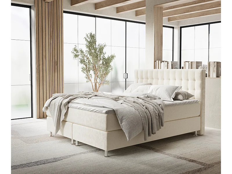 Łóżko boxspring w tkaninie welwetowej Sorrento - materac - topper - 140x200 cm - kremowy