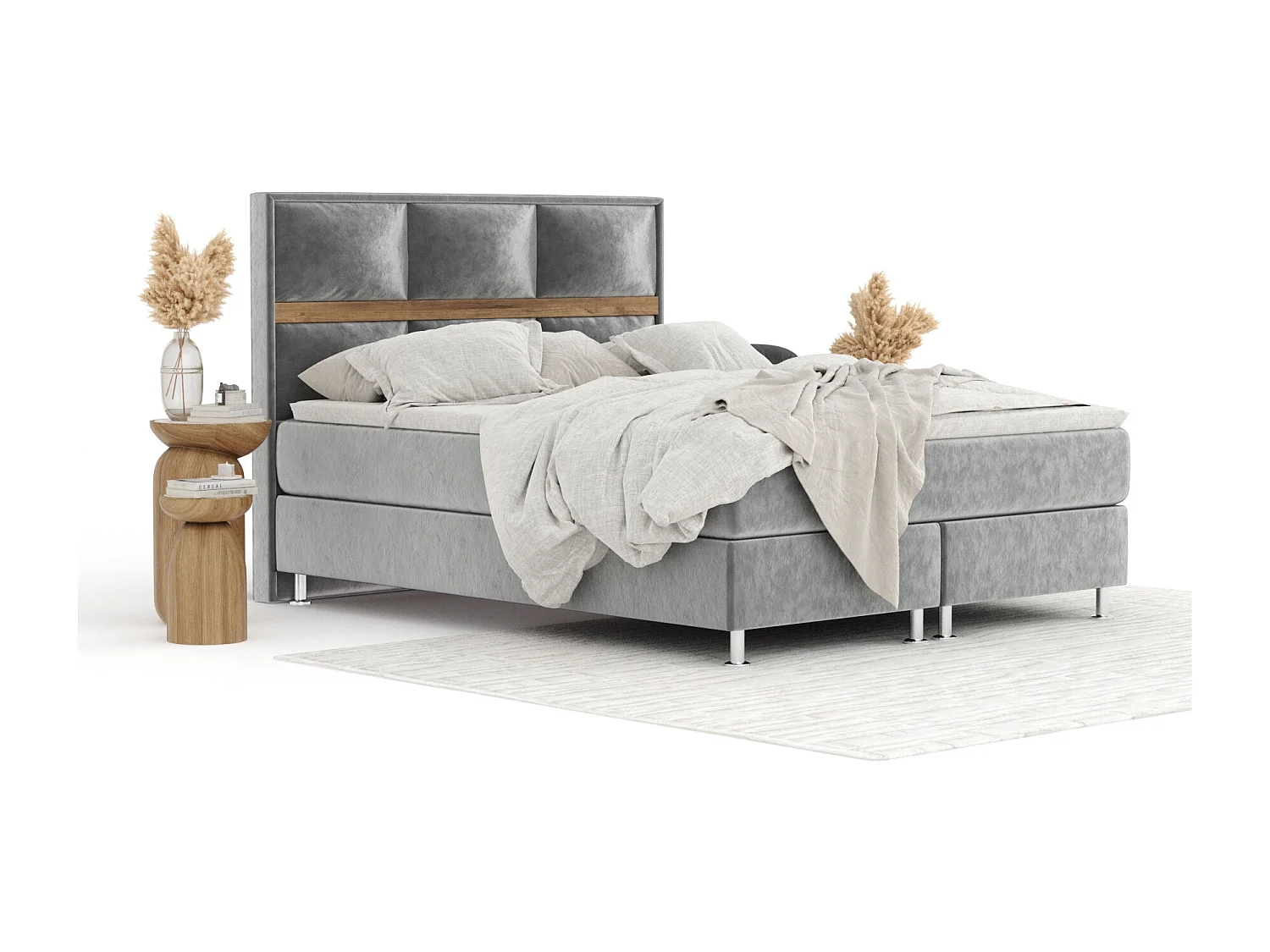 Boxspringbett aus Samtstoff Soto - Matratze - Toppermatratze - 180x200 cm - grau