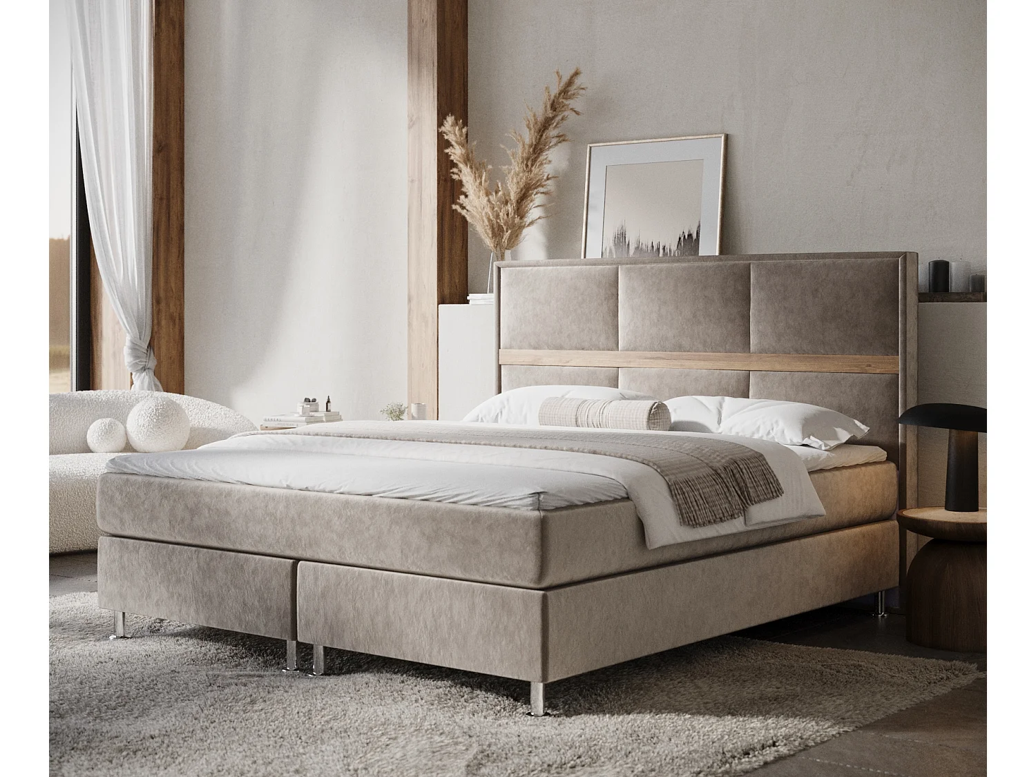 Lit boxspring en tissu velours Soto - matelas - surmatelas - 200x200 cm - taupe