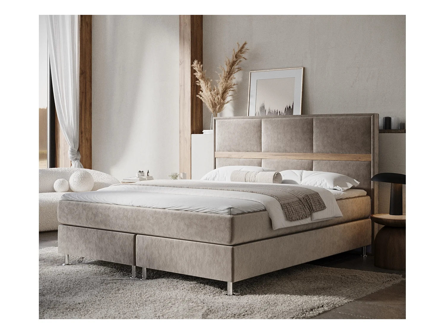 Lit boxspring en tissu velours Soto - matelas - surmatelas - 200x200 cm - taupe