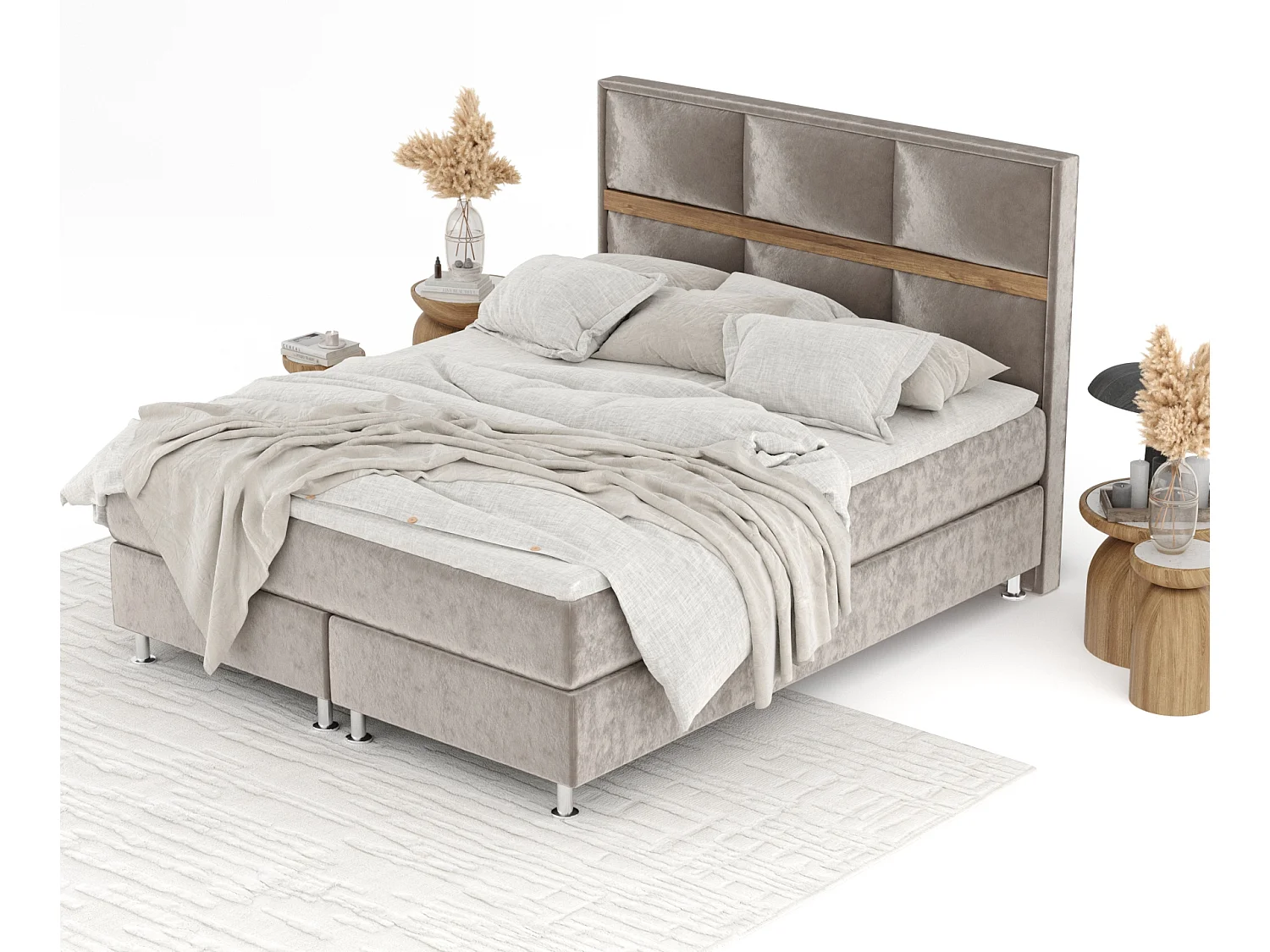 Lit boxspring en tissu velours Soto - matelas - surmatelas - 180x200 cm - taupe