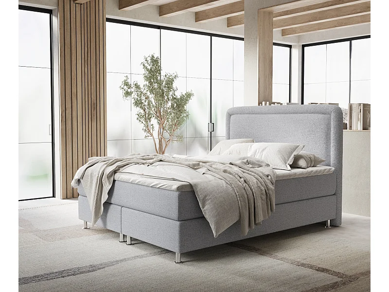 Łóżko boxspring w tkaninie plecionej Salvi - materac - topper - 180x200 cm - jasnoszary
