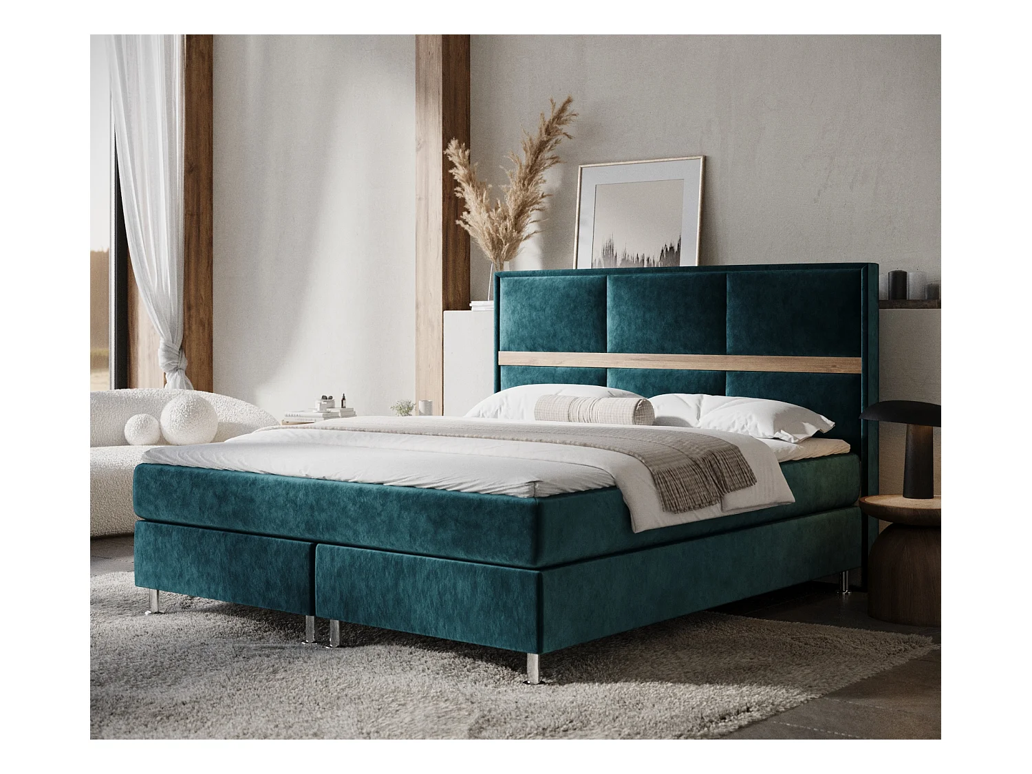 Lit boxspring en tissu velours Soto - matelas - surmatelas - 200x200 cm - turquoise