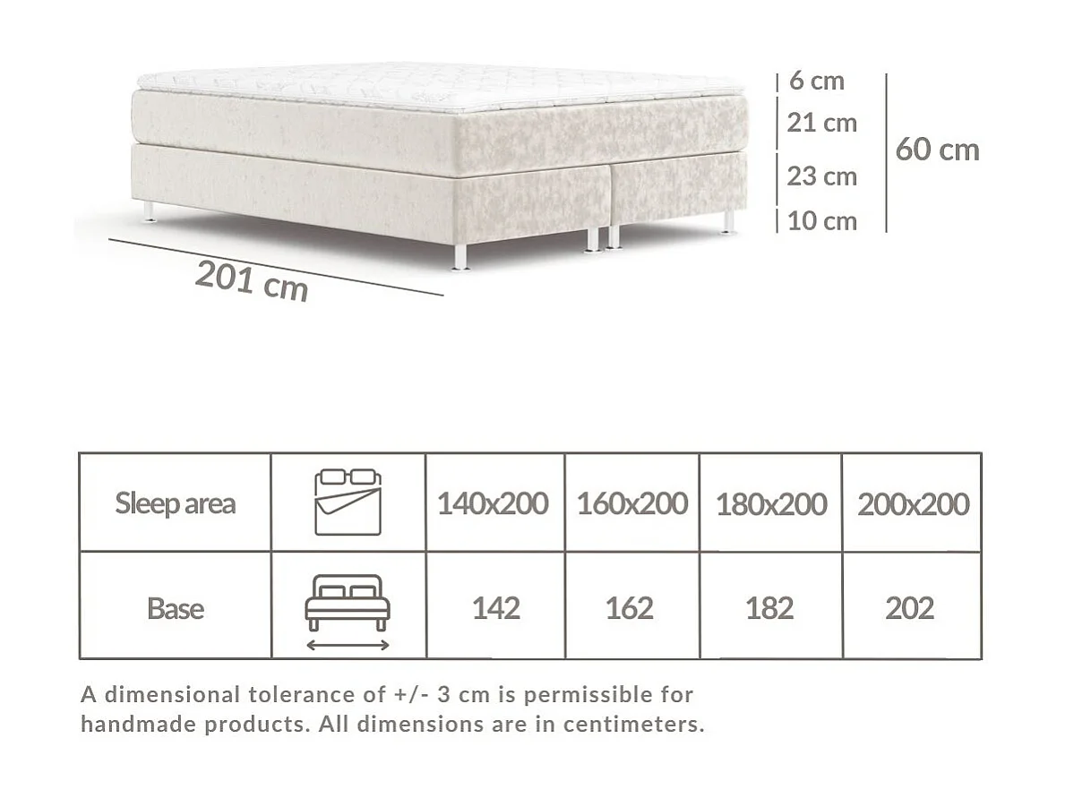 Boxspringbett aus Samtstoff Sub - Matratze - Toppermatratze - 200x200 cm - creme