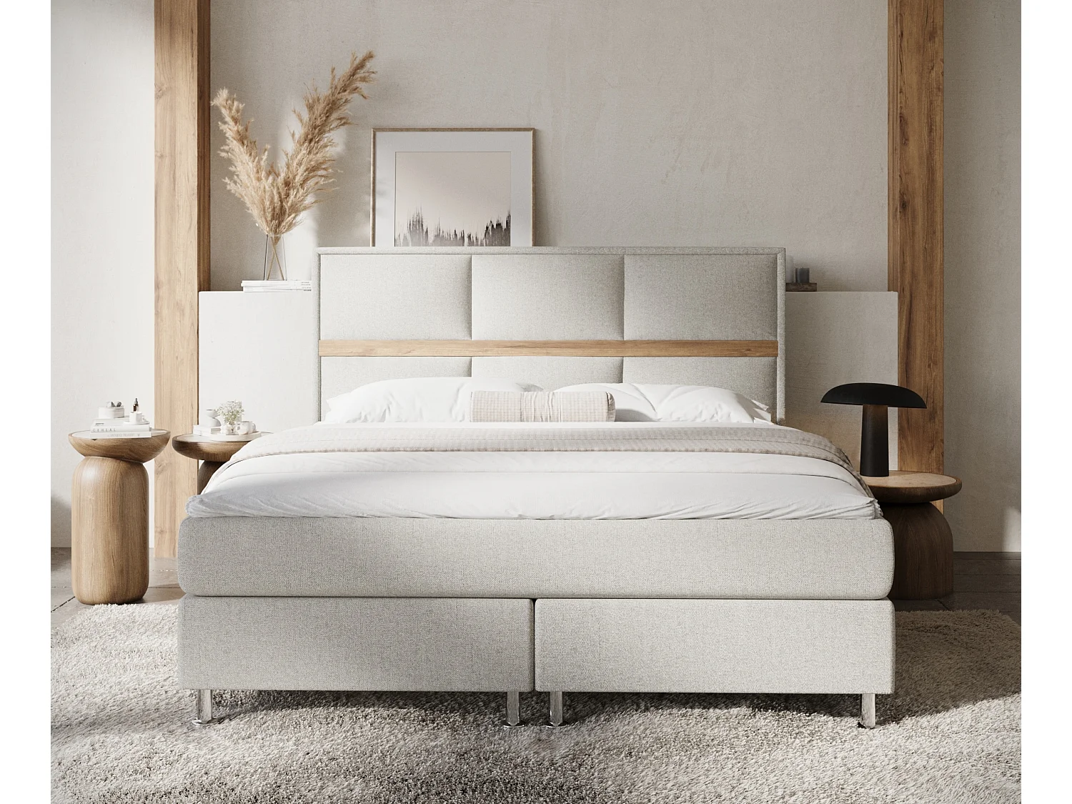 Boxspringbett aus Webstoff Soto - Matratze - Toppermatratze - 160x200 cm - beige