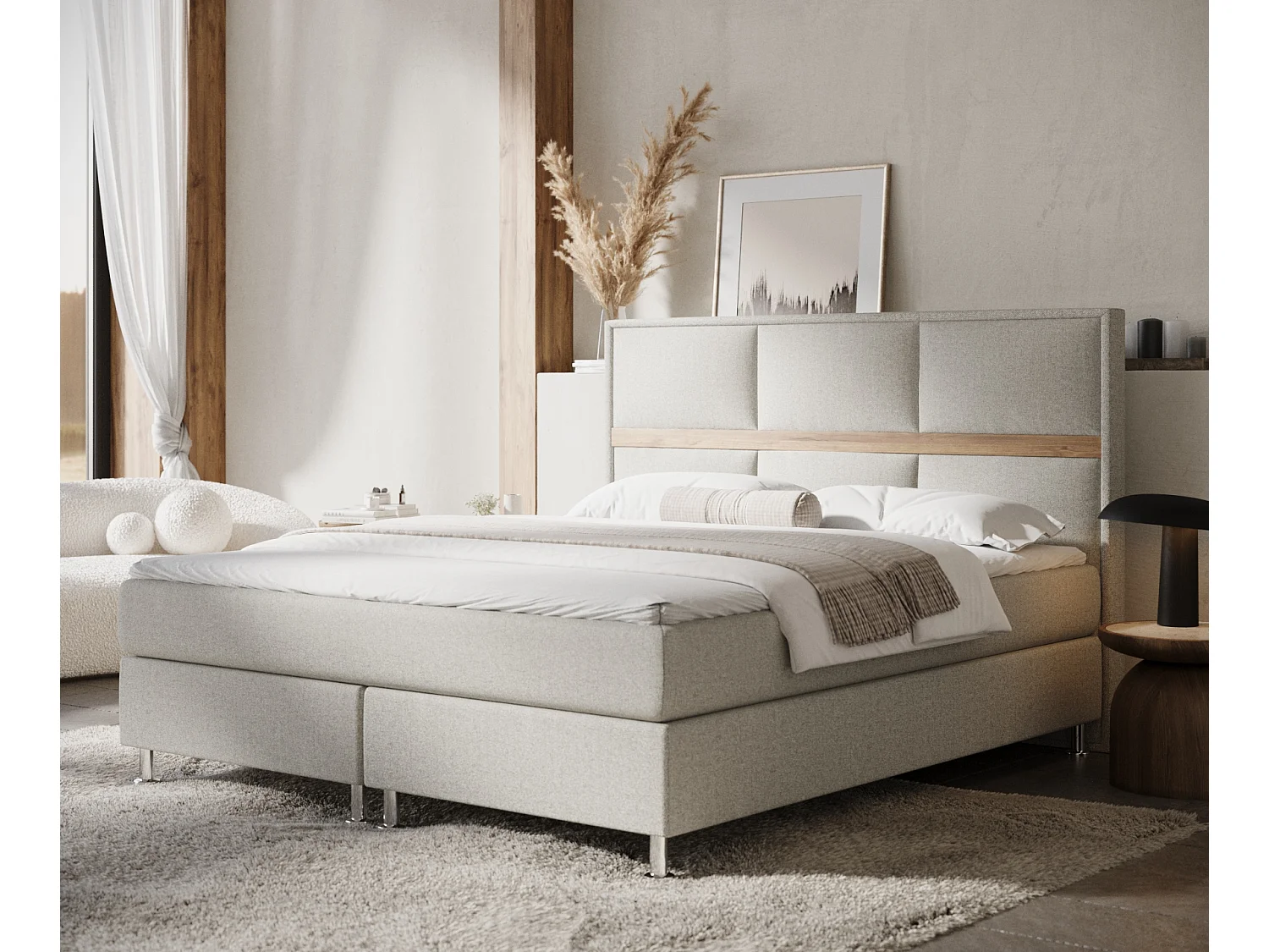 Boxspringbett aus Webstoff Soto - Matratze - Toppermatratze - 160x200 cm - beige