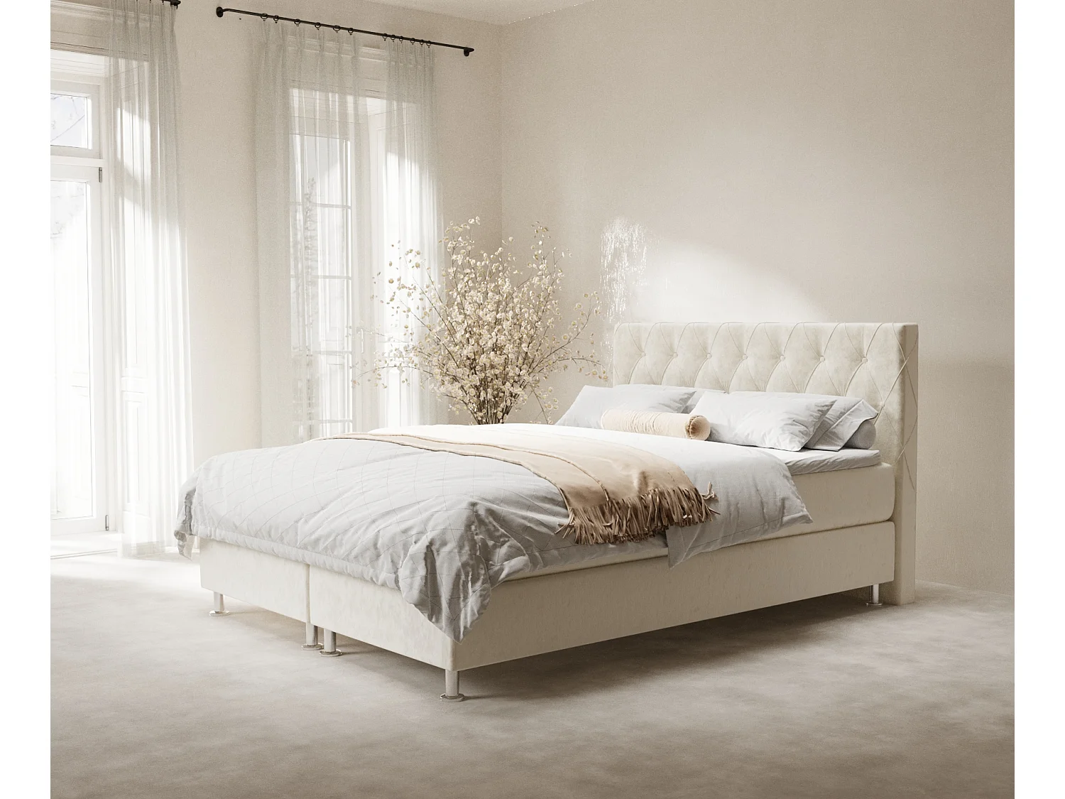 Boxspringbett aus Samtstoff Otus - Matratze - Toppermatratze - 180x200 cm - creme