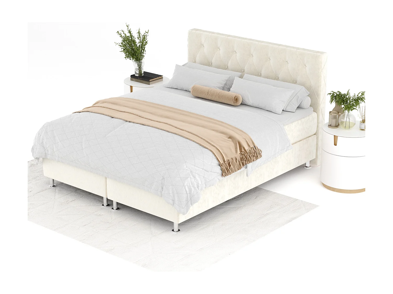 Boxspringbett aus Samtstoff Otus - Matratze - Toppermatratze - 180x200 cm - creme