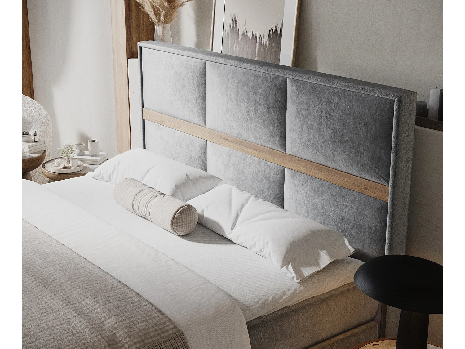 Lit boxspring en tissu velours Soto - matelas - surmatelas - 140x200 cm - taupe